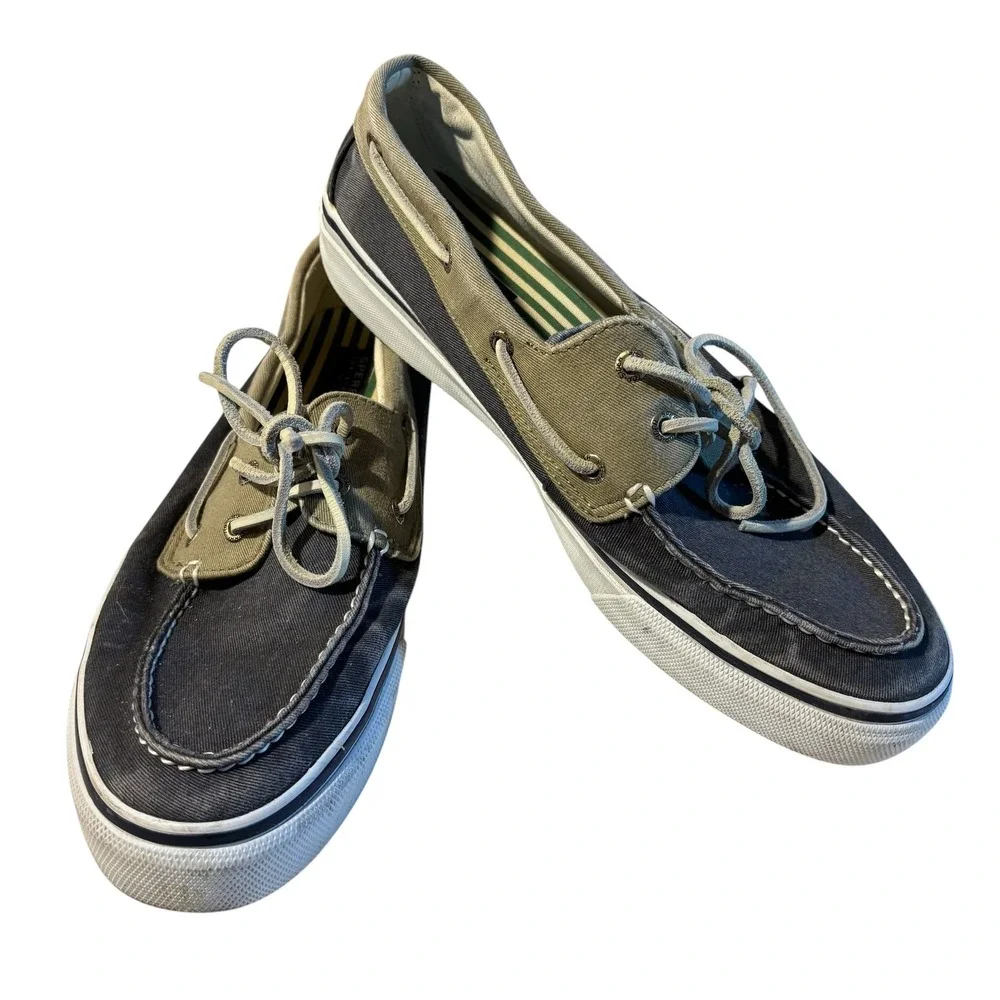 Sperry Top-Sider Bahama Boat Shoes Mens 10.5M Navy Olive Green Canvas Sneaker